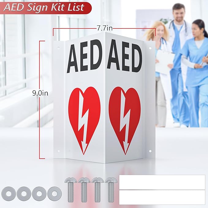 AED Projecting Sign With AED Graphic, 5'' x 9'' Plastic Panel with 4 Pre-Drilled Mounting Holes & Double Sided Tapes, AED Wall Mounted Sign for Outdoor & Indoor