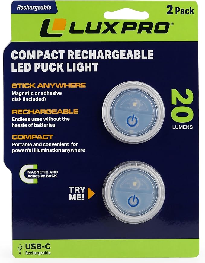 LUXPRO Waterproof Micro LED Puck Lights - Adhesive Lighting Ideal for Under Cabinets, in Tackle Boxes, or On Bookcases - Includes Batteries (Rechargable, 4 Pack)