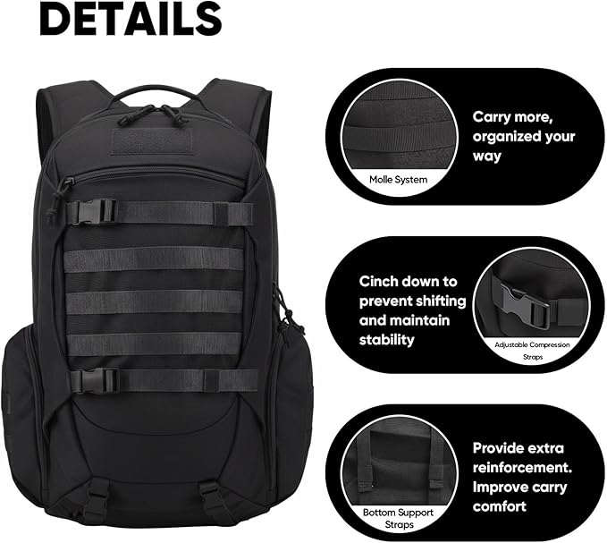 35L Tactical Backpack for Men, MOLLE Military Bug Out Bag, Waterproof Rucksack for Hiking with Hydration Port Black