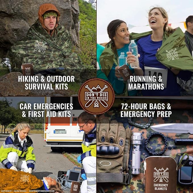 Don't Die In The Woods - World’s Toughest Emergency Blankets [4-Pack] Extra Thick Thermal Mylar Space Blanket - One of The Ten Essentials Outdoor Survival Gear for Hiking Camping First Aid Kit (Camo)