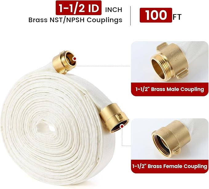 Fire Hose, 1-1/2" ID x 100 FT Firefighter Hose, White Industrial Flat Water Hose with M x F NST/NH Brass Couplings for Indoor Outdoor Fire, Home Garden Irrigation
