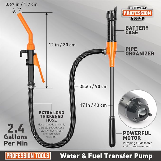 Portable Fuel Transfer Pump - 2.4 GPM Battery Powered Siphon Pump,Siphon Pump for Gasoline,for Fuel, Oil & Water, with Powerful Suction Ergonomic Nozzle 39 Inches Hose（Orange）