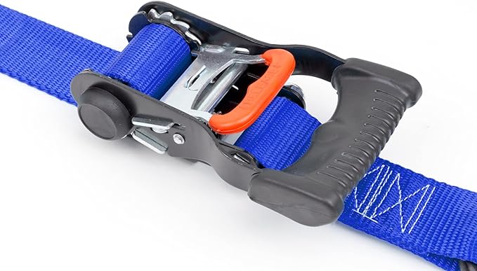 PowerTye 1.5in x 7ft Ergonomic Locking Ratchet Straps with Heavy-Duty S-Hooks - Made in USA - 1,000 lb. Working Load Limit / 3,000 lb. Breaking Strength - Blue (Pair)