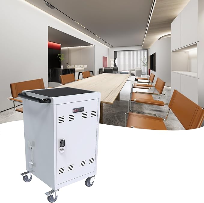 30-Device Mobile Charging Cart with Charging Power Strip and Front and Rear Access Locks, Cable Management, Up to 17"", Safe Charging Cabinet for Ipads, Chromebooks, Tablets, Laptops White