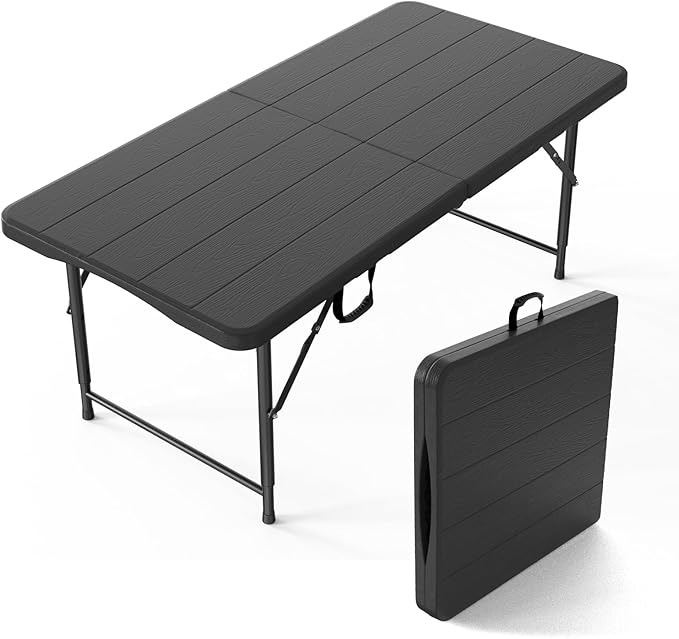 VINGLI 4 FT Plastic Folding Camping Table,3-Level Adjustable Height, Portable in/Outdoor Party Picnic Dining Desk,Off-White Garden Soccer Multipurpose Entertaining Activities, Black