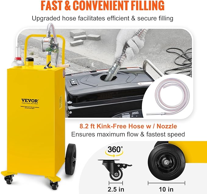VEVOR 30 Gallon Fuel Caddy, Gas Storage Tank & 4 Wheels, with Manual Transfer Pump, Gasoline Diesel Fuel Container for Cars, Lawn Mowers, ATVs, Boats, More, Yellow
