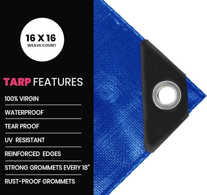 PROTARP Extreme Heavy Duty 22 Mil Tarp Cover, Waterproof, UV Resistant, Rip and Tear Proof, Poly Tarpaulin with Reinforced Edges for Roof, Camping, Patio, Pool, Boat. (Blue 30′ X 30′)