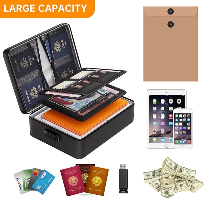 DocSafe 5200°F Document Organizer with Lock,Upgraded Heat Insulated Fireproof＆Waterproof Box 8 Layers File Organizer,Portable Home Travel Safe Storage for Important Documents, Files and More