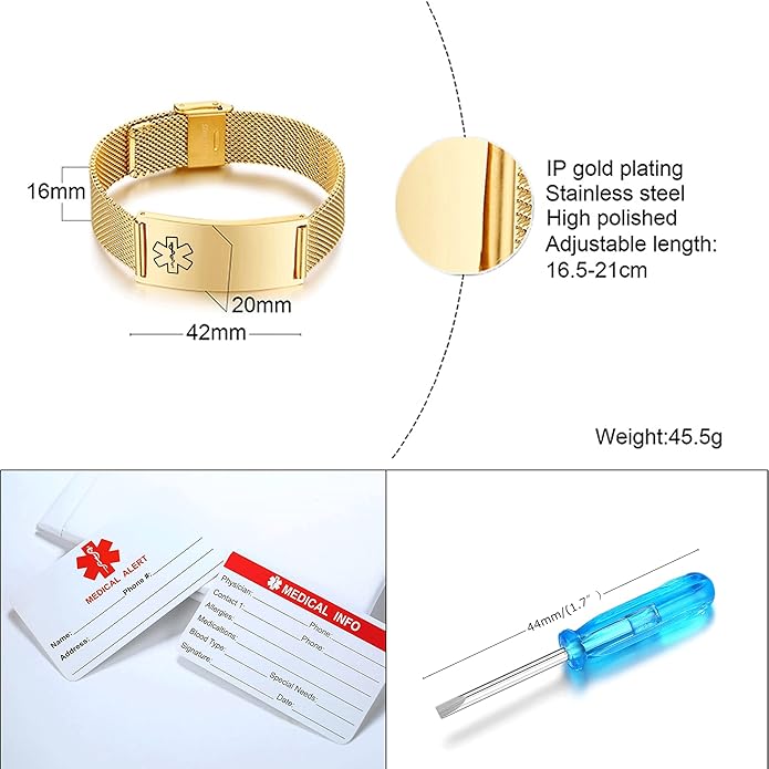 VNOX Medical Alert Bracelets for Men & Women Kids with Free Engraving Adjustable Stainless Steel Mesh Emergency Medical ID Bracelets Wristband