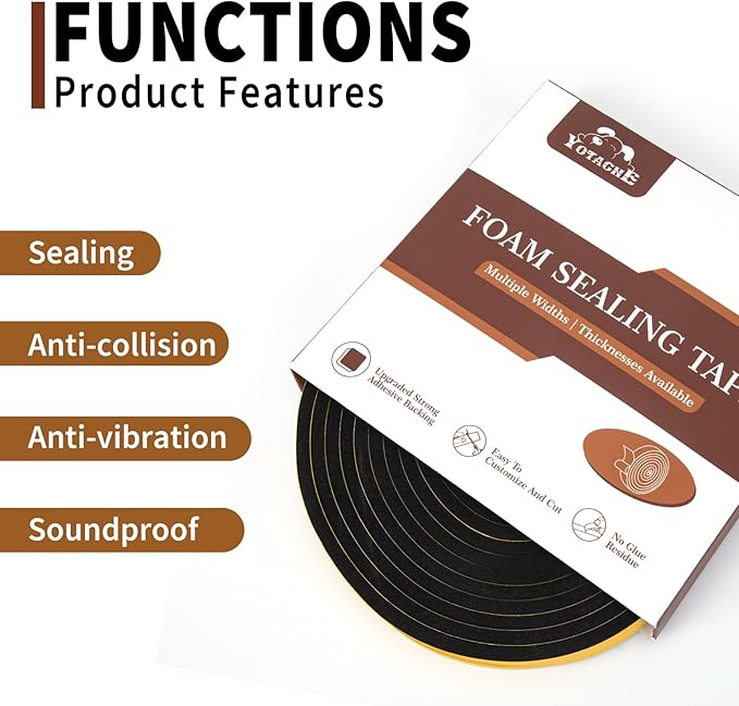 Yotache 3 Strips Foam Weather Stripping 1/4" W X 1/4" T, New Adhesive Craft, Insulation Soundproofing Strips Tape Gasket Seal for Door Frame and Window, Sliding Door Jamb, Total 30 Ft (3 X 10 Ft Each)