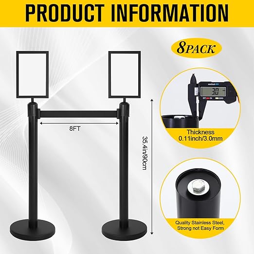 Therwen 8 Pcs Stanchions with 8.2 ft Retractable Belt Black Crowd Control Stanchions Set and Stanchion Post Sign Easy to Assemble Line Dividers Queue Ropes for Theaters, Weddings, Exhibitions