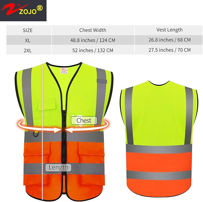 zojo High Visibility Safety Vests With Pockets,Pack of 10,Wholesale Reflective Vest for Outdoor Works, Cycling, Jogging, Walking,Sports - Fits for Men and Women (2XL-Mix Yellow & Orange)