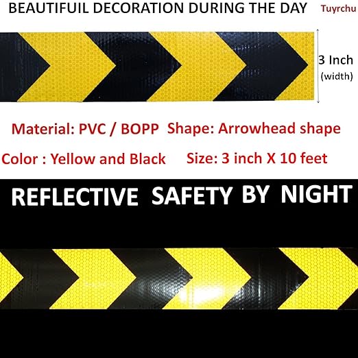 Reflective Tape Yellow Black 3 inch X 10 feet, Outdoor Waterproof Hazard Conspicuity Warning Industrial Marking Tape