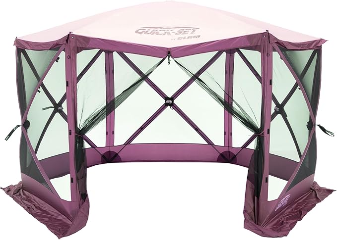 CLAM Pop-Up Screen Tent, 11.5' Outdoor Camping Gazebo, Portable 6-Sided Canopy with Ground Stakes & Carry Bag, Escape, Plum