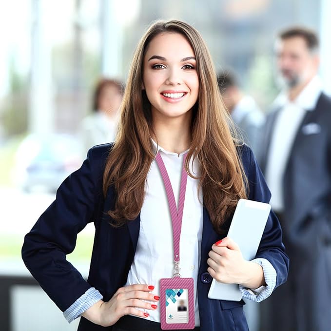Carbon Fiber Work ID Card Holder with Lanyard is a Stylish and Durable Card Holder with Dual Card Capacity, Clear Display Window and Privacy Back Pocket (Pink)