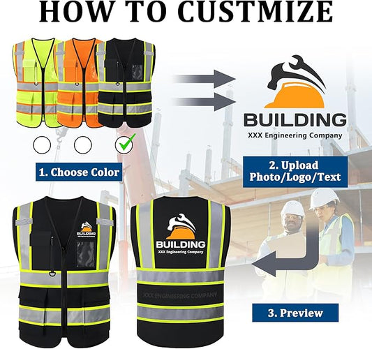 Custom Safety Vest with Logo, High Visibility Reflective Personalized Vest with Pockets and Zipper for Men Women Work