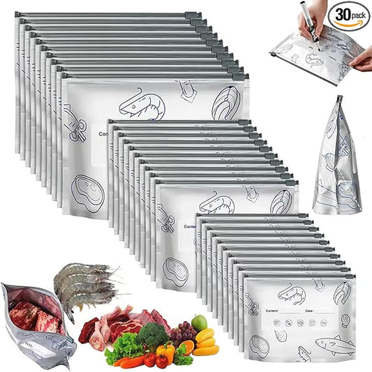 30Pcs Reusable Aluminum Foil Sealable Storage Bags, 2025 New Vacuum Zipper Pouches for Food with Label and Zip Lock, Aluminum Foil Bags for Food, Vegetable Fruit Meat (10*S+10*M+10*L)