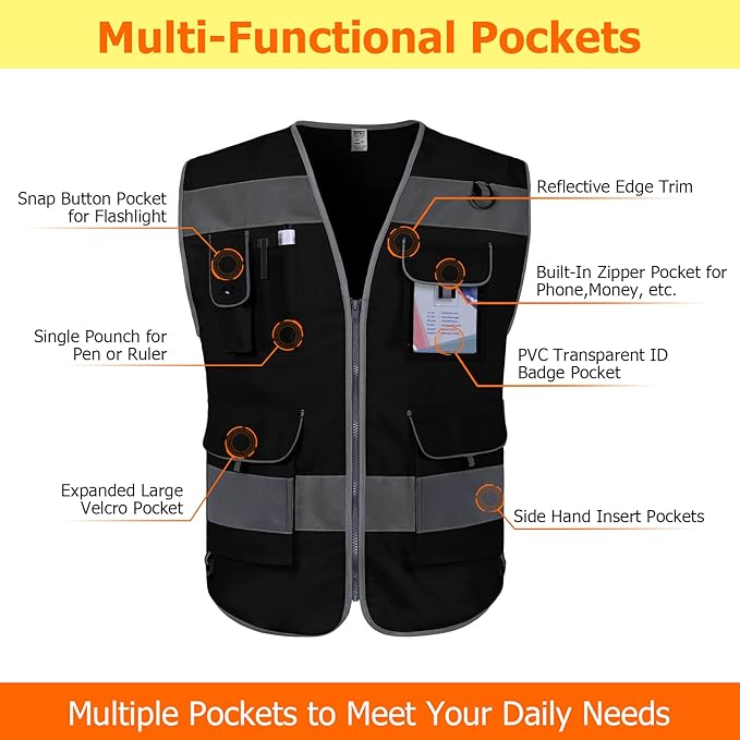 TCCFCCT Safety Vest 9 Pockets High Visibility Reflective Safety Vest for Men Women, Hi Vis Work Vest with Reflective Strips, Meets ANSI/ISEA Standards, (Black, 3X-Large)