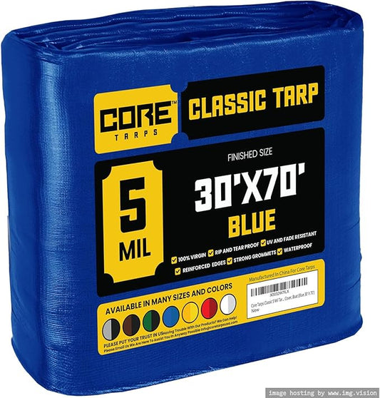 Core Tarps Classic 5 Mil Tarp Cover, Waterproof, UV Resistant, Rip and Tear Proof, Poly Tarpaulin with Reinforced Edges for Roof, Camping, Patio, Pool Cover, Boat (Blue 30′ X 70′)