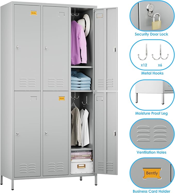 Metal Lockers for Employees with 6 Doors and 18 Hooks, 72”H Storage Locker with Card Slot for Office Gym School Bedroom, Light Gray, Assembly Required