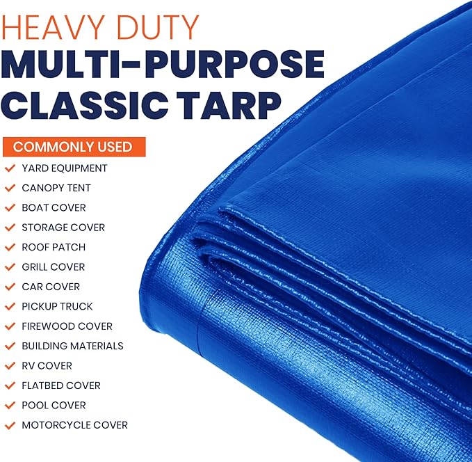 Tarpco Safety Heavy Duty 7 Mil Tarp Cover, Waterproof, UV Resistant, Rip and Tear Proof, Poly Tarpaulin with Reinforced Edges for Roof, Camping, Patio, Pool Cover, Boat (Blue 6′ X 8′)