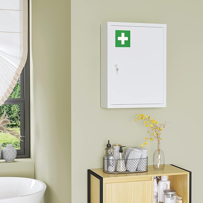 kleankin 16" x 21" Wall Medicine Cabinet with Lock, 3 Tier Steel Locking Wall Cabinet for Bathroom, Kitchen with 2 Keys, White