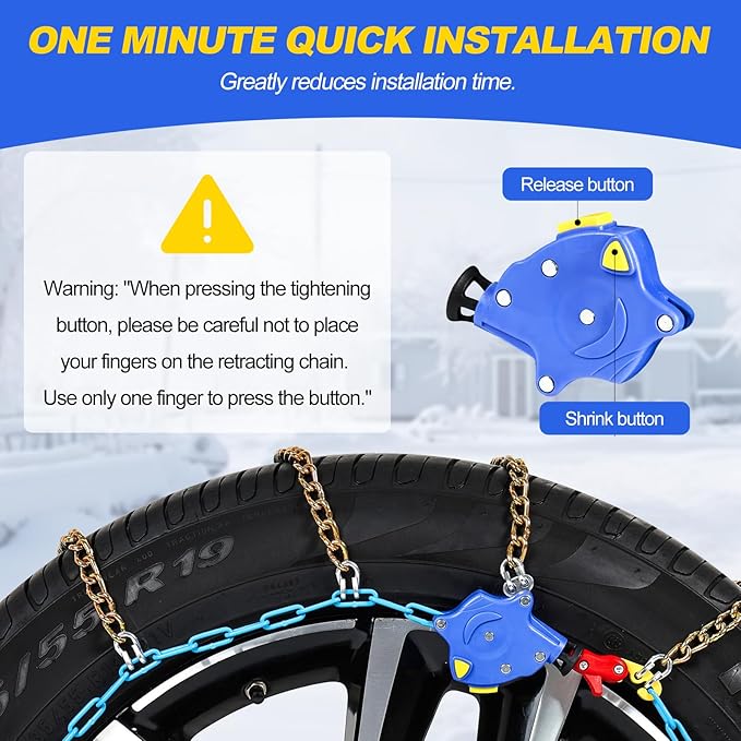 Auto Tightening Snow Chains for Cars, SUVs & Pickup Trucks – 1-Min Quick-Fit Auto Installation, Reusable Universal Emergency Traction Tire Chains – Set of 2（ALN90）