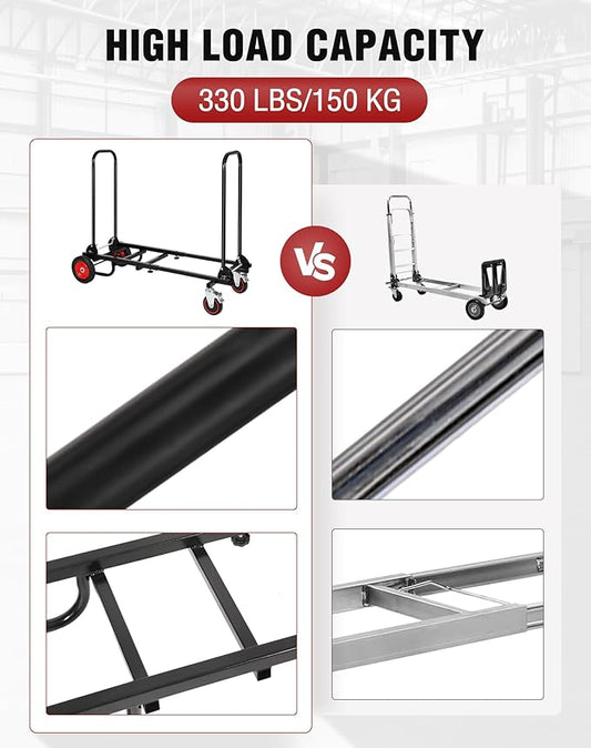 RedSwing Folding Multi-Utility Dolly Cart, Heavy Duty 8-in-1 Convertible Cart Adjustable Hand Truck/Platform Cart with R-Trac Wheels, 38" to 48" Telescoping Frame, 330lbs Load Capacity