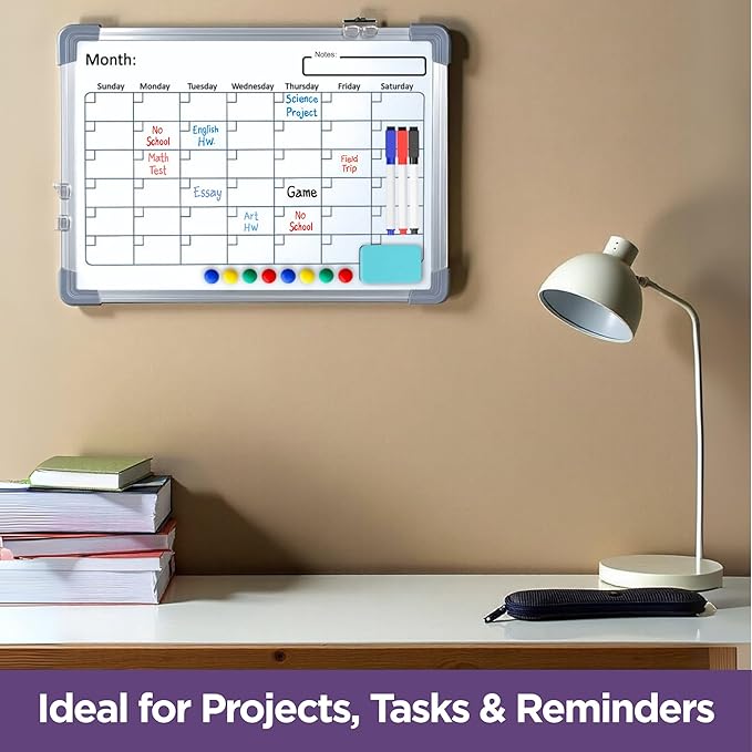 Large White Board Calendar Dry Erase Planner -Dual Side Magnetic Whiteboard for Fridge -Family Calendar Planning Boards w/Movable Hooks - Monthly Whiteboard with Lines, Memo, Pens & Eraser (16x12)