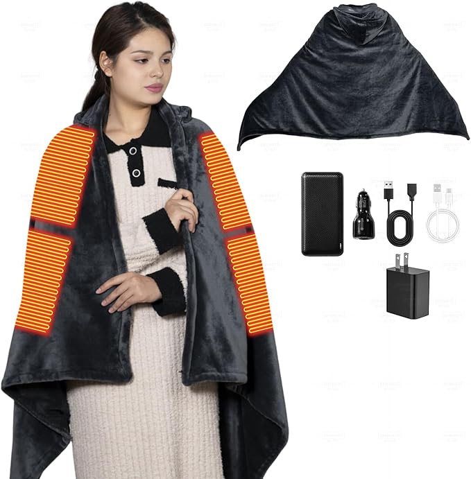 Cordless Heated Blanket with Hood, Rechargeable Wearable Heated Blanket Battery Powered with 20000 mAh Battery, 9 Heating Zones, 3 Levels, Portable Heated Throw Blanket, Heated Shawl, Camping Blanket