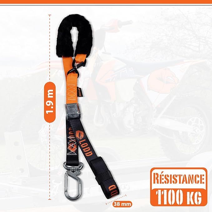 LODD - Motorcycle Tie Down Straps with Swivel Carabiner, Heavy-Duty Buckles, Fur Protection, Reinforced Buckle | 2,400 lbs, 1.5" | Trailer Securing for Dirt Bike, Enduro, Trial, Quad, Trail