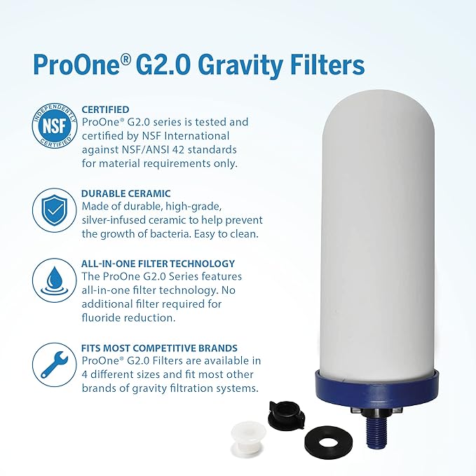 ProOne Big+ Gravity Water Filter System High Capacity Countertop Stainless Steel Water Filter Dispenser IAPMO Certified to Reduce Lead, Total PFAS, Microplastics, Chlorine Taste & Odor, 3 Pack Filter