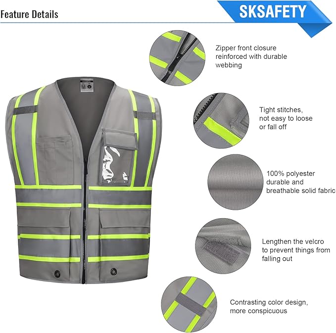 SKSAFETY 10 Pockets Safety Vest, Class 2 High Visibility Security with Zipper, Hi Vis Vest with Reflective Strips, ANSI/ISEA Standard, Construction Work Vest for Men ＆ Women （Grey,3XL）