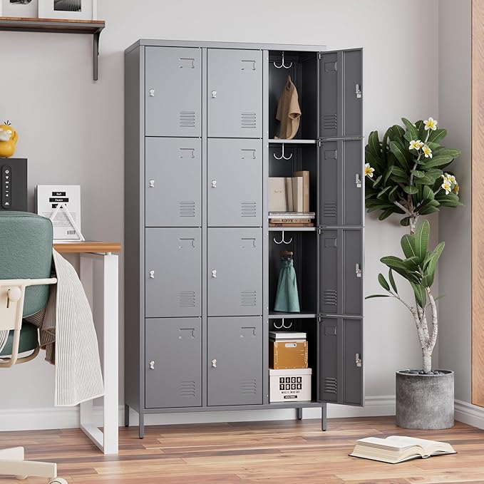 Metal Lockers for Employees with 12 Door and 12 Hooks,Metal Storage Locker with Lock for School Office Gym Bedroom,Assembly Required,Dark Grey