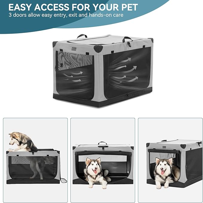 PETSFIT Travel Dog Crate, with Patented Adjustable Fabric Cover, Chewproof & Lockable Mesh Doors, Waterproof Base Soft Sided Kennel Grey 40 Inch