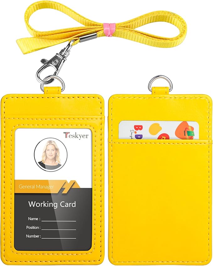 Teskyer Badge Holder with Lanyard, Leather ID Name Badge Card Holder with Lanyard for ID Badges, Vertical, Bright Yellow