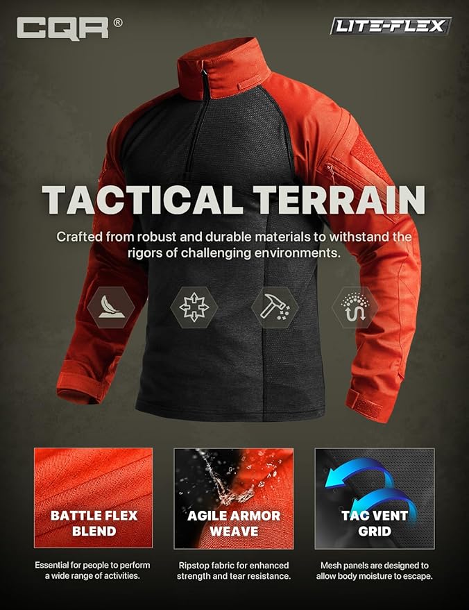 CQR Men's Combat Shirt Tactical 1/4 Zip Long Sleeve Military BDU Shirts Camo EDC Top with Pockets