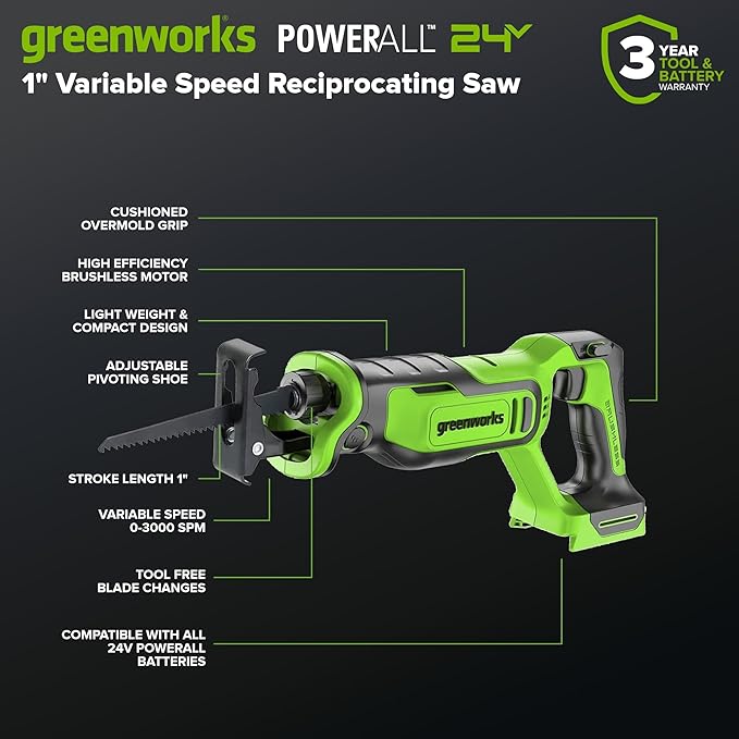 GREENWORKS 24V (6-TOOL) Combo (Drill, Impact Driver, Circular Saw, Reciprocating Saw, Multi-Tool, Flashlight), 4.0Ah + 2.0Ah (24,000mAh Power Bank) Batteries, (2) Cables, 65W Rapid Charger