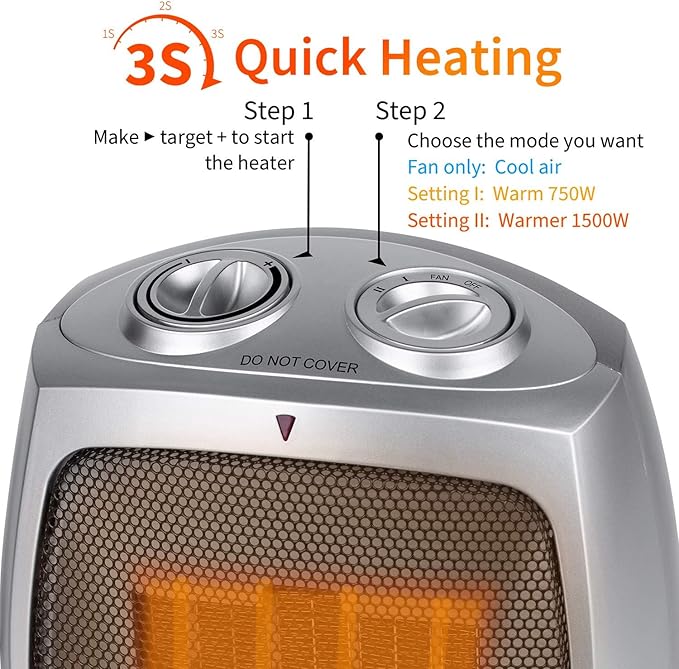 GiveBest Portable Space Heaters for Indoor Use, Ceramic Small Space Electric Heater for Bedroom Office, 1500W/750W with Adjustable Thermostat, Overheat and Tip Over Protection, Heater Fan and Combo