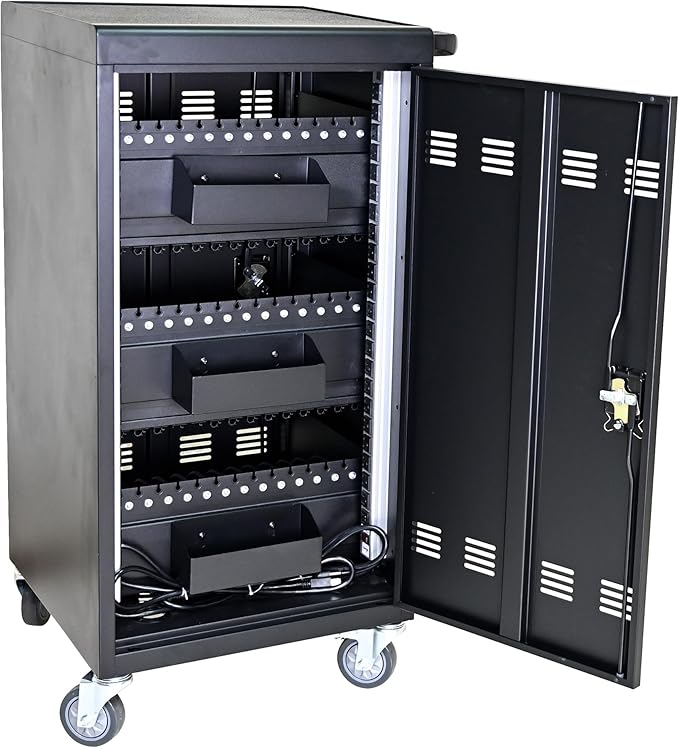 45-Device Mobile Charging Cart with Charging Power Strip and Front and Rear Access Locks, Cable Management, Up to 17"", Safe Charging Cabinet for Ipads, Chromebooks, Tablets, Laptops Black