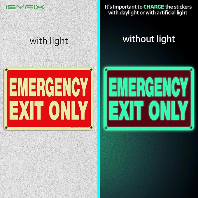 iSYFIX Emergency Exit Only Signs – 10 Pack 10x7 Inch – 100% Rust Free .040 Aluminum Signs, Glow in the Dark Laminated for Ultimate UV, Weather, Scratch, Water and Fade Resistance, Indoor and Outdoor