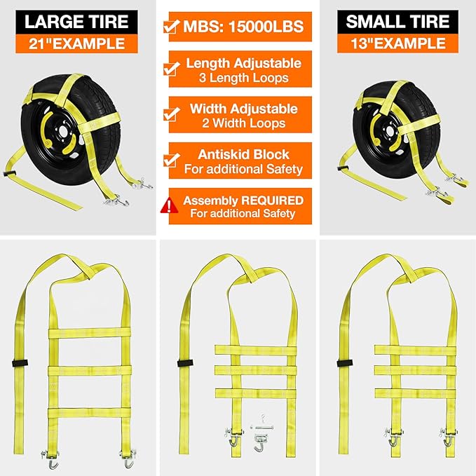 Adjustable Tow Dolly Basket Straps with Swivel J Hook-2 Pack,Car Wheel Strap Tire Bonnet Net Fits 13"-21" Tires Auto Universal Vehicle Car Dolly Ropes Accessories 10,000lbs Break Strength