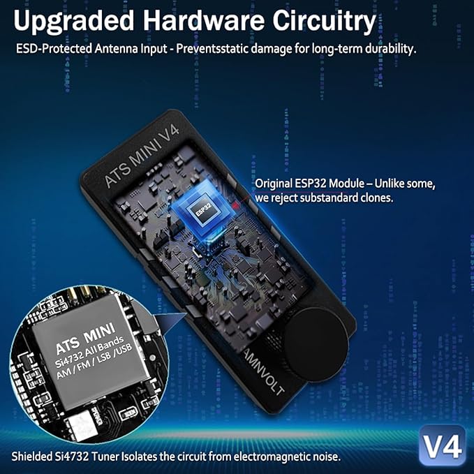 AMNVOLT V4 ATS MINI DSP Radio, ESP32-S3 & SI4732 Chip, Multi-Band AM/FM/LSB/USB Receiver, 1.9'' IPS Color Screen, with Headphone Amplifier & Hi-Z Circuit, Portable for Travel and Radio Enthusiasts