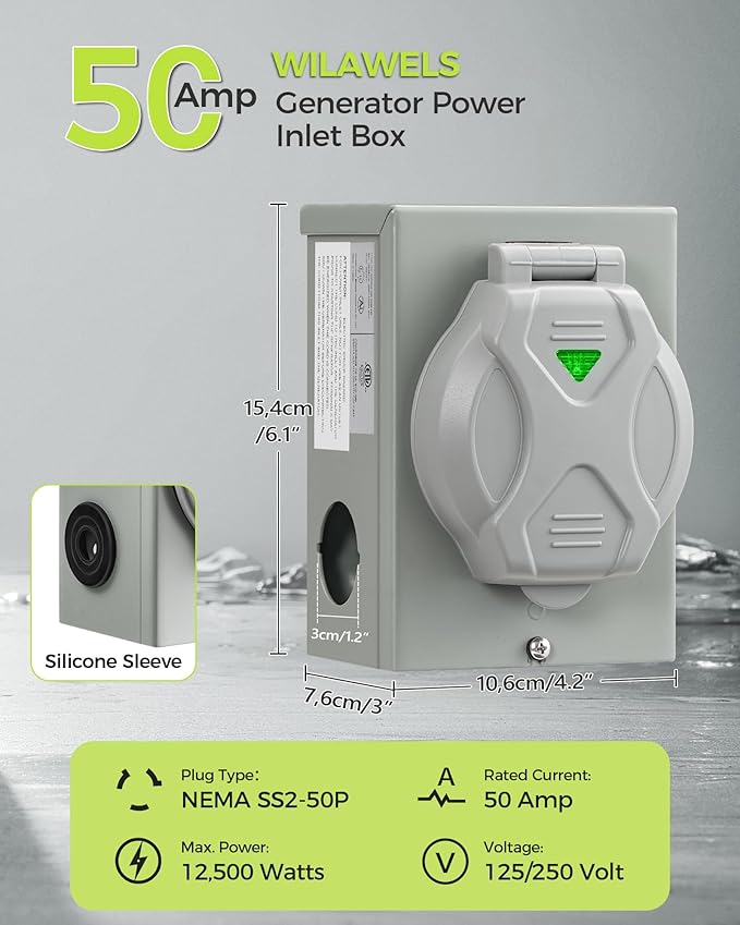50 Amp Generator Inlet Box, NEMA SS2-50P Power Inlet Box, 3-Prong Waterproof Generator Power Inlet Box with Indicator, Pre-Drilled, 125/250V 12500W, for Emergency Use, ETL Listed H97OB06