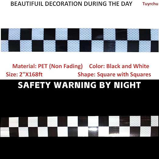 Black White Reflective Tape Outdoor Waterproof 2 inch Wide for Cars, High Visibility Safety Warning Sticker Strips (168 feet)