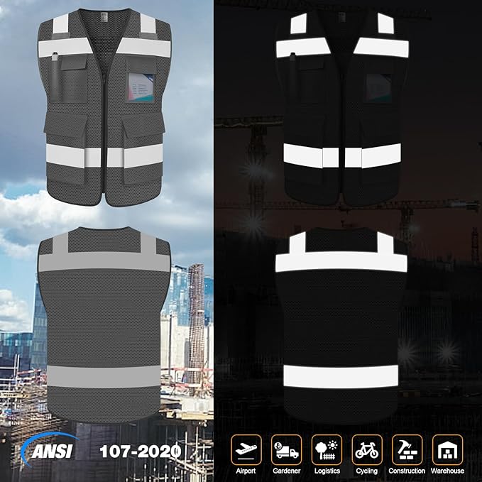 TCCFCCT Mesh Safety Vest for Men Women 5 Pockets Reflective Vest with Reinforced Zipper, High Visibility Construction Work Vest with Tabs for Walkie-talkie, Durable to Use, Meets ANSI/ISEA, Grey, 5XL