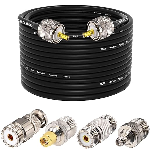 Ham Radio Coax Cable, RG58 50 Ohm, 23M (75FT), PL259 Male to SO239 Female, with 4-Pack Adapters (SMA/UHF/BNC/SO239), for CB, Amateur, Ham Radio Antenna