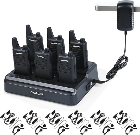 Rechargeable Walkie Talkies for Adults 22 FRS Channels Two-Way Radios with Earpieces 6 Way Multi Unit Gang Charger Long Range VOX Transceivers for Business Company Camping Church Shop (6 Pack)