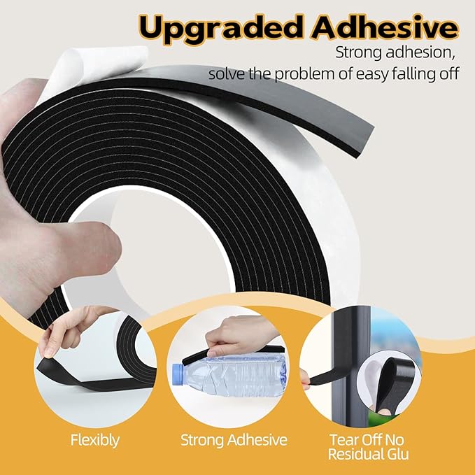 Foam Weather Stripping Door Seal,1 Inch W x 1/17 Inch T x 33 Feet Window Sealing Tape，Single-Sided Self-Adhesive Insulation Sealing Strip,Black