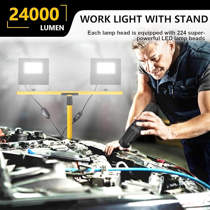 24000 Lumen Work Lights with Stand, 2 Adjustable Head LED Work Light with Adjustable and Foldable Tripod Stand, IP67 Waterproof Lamp Individual Switch with 16FT Cord for Outdoor Construction Lighting